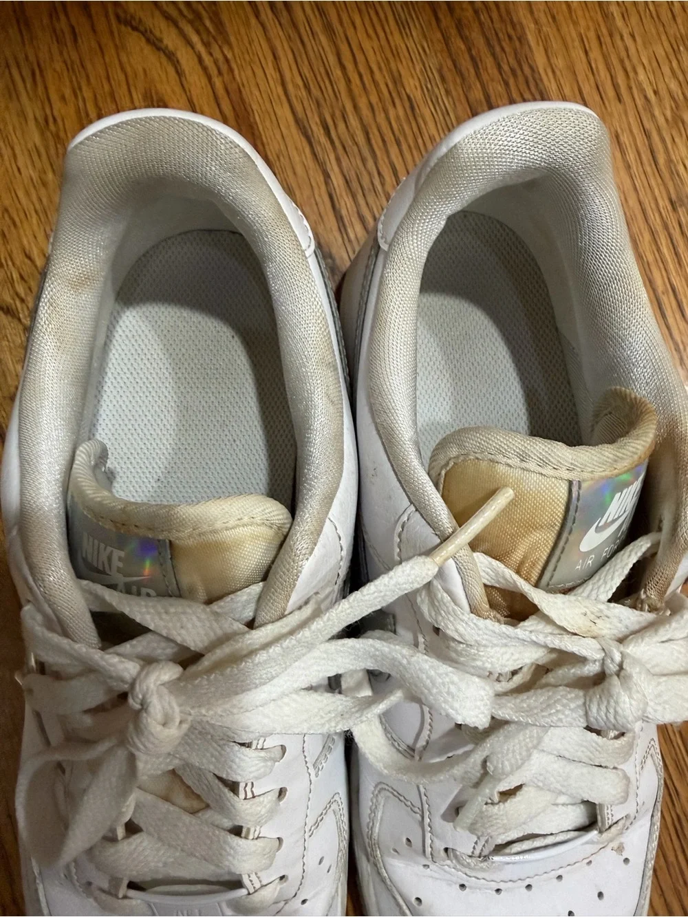 Nike Air Force White Sneakers with Silver Iridescent Swoosh Sz 8.5